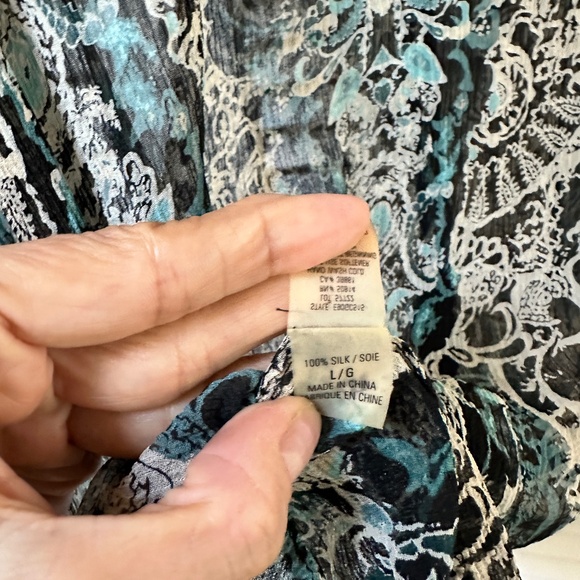 Elie Tahari Silk Sheer Snap Front Velvet Trim Blouse Lace Trim Long Sleeves LG - Picture 8 of 10